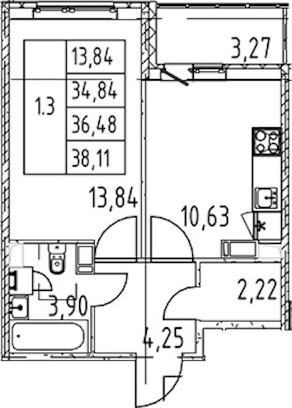 1-комнатная квартира 34.84 м², 2/12 эт., ЖК «Полис ЛАВрики»